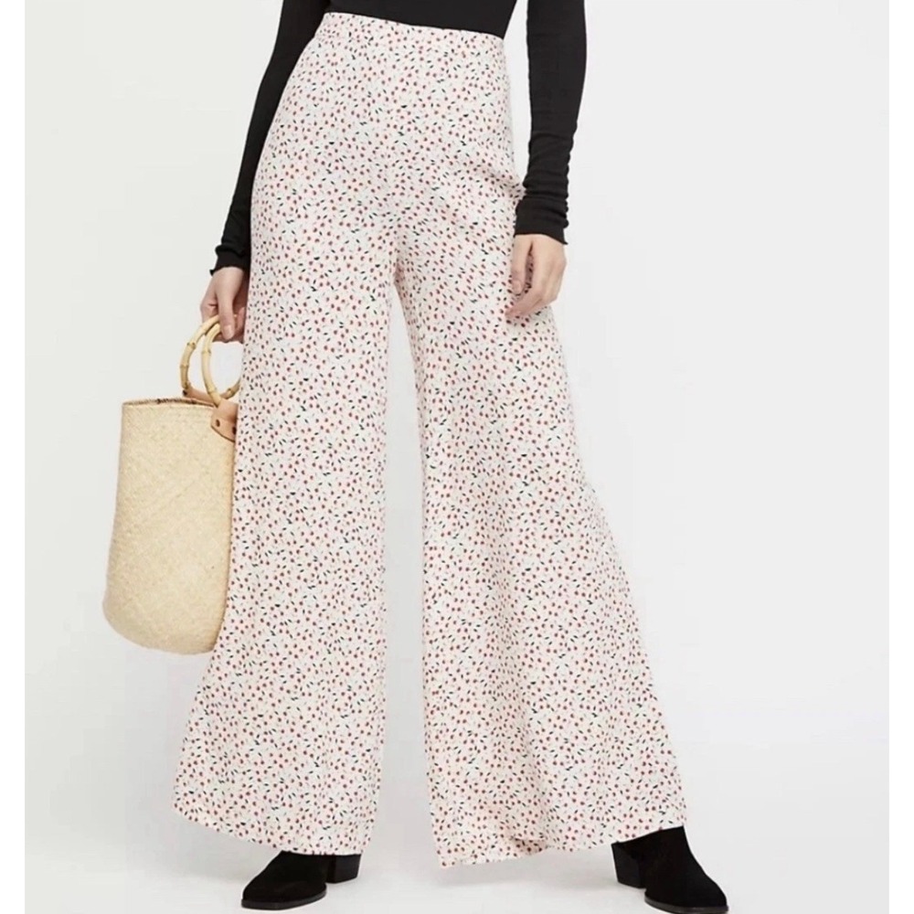 Free People Easy Peasy Cherry Print Wide Leg Pants High Rise Cream Red Size 6